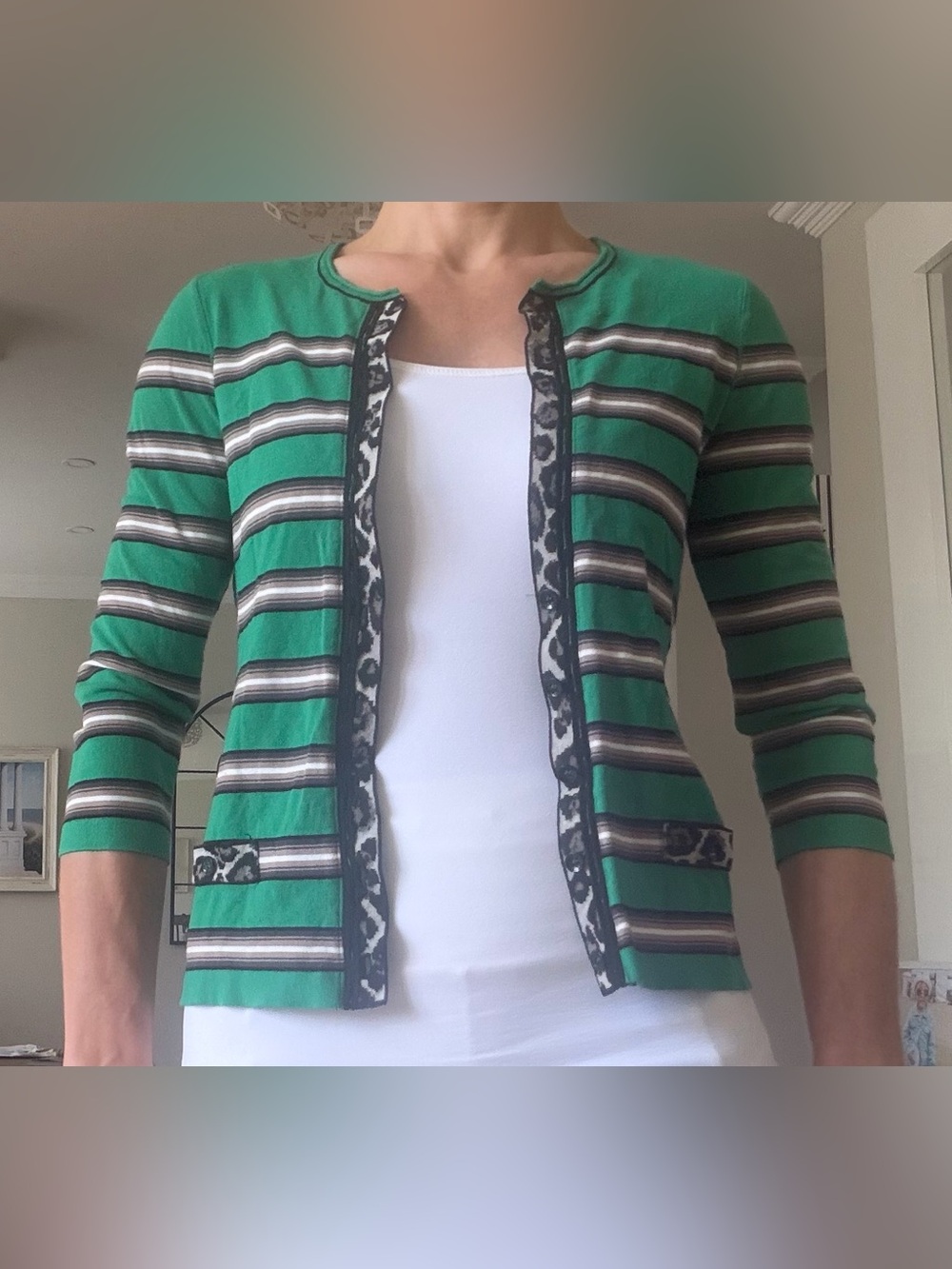 2/$30 MARC CAIN XS/S knit lightweight Cardigan knit Striped Apple Green leopard